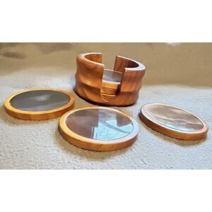 Vintage Agate Stone Wood Coasters Set Caddy Geode MCM Brazil Drink Glass Retro